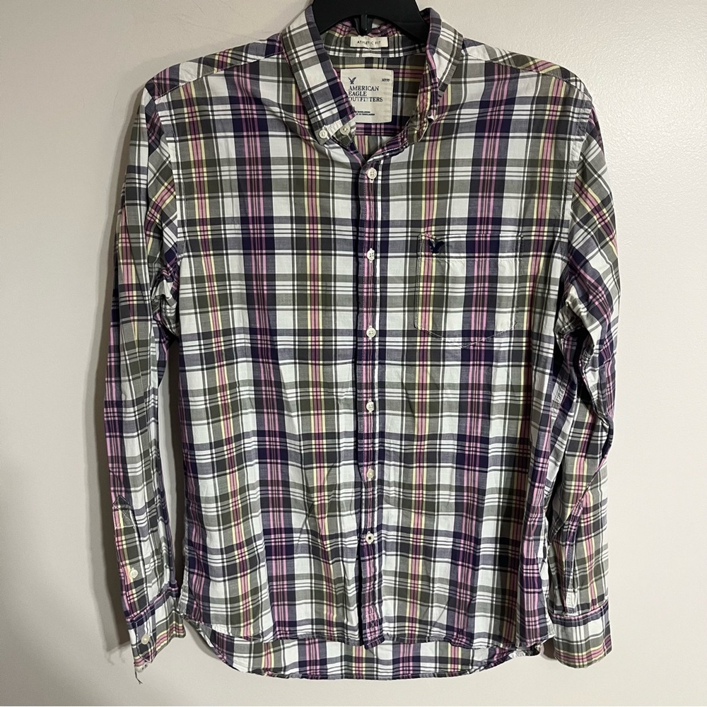 American Eagle Mens Athletic Fit Plaid Button Down Shirt Large Purple Pink 8067